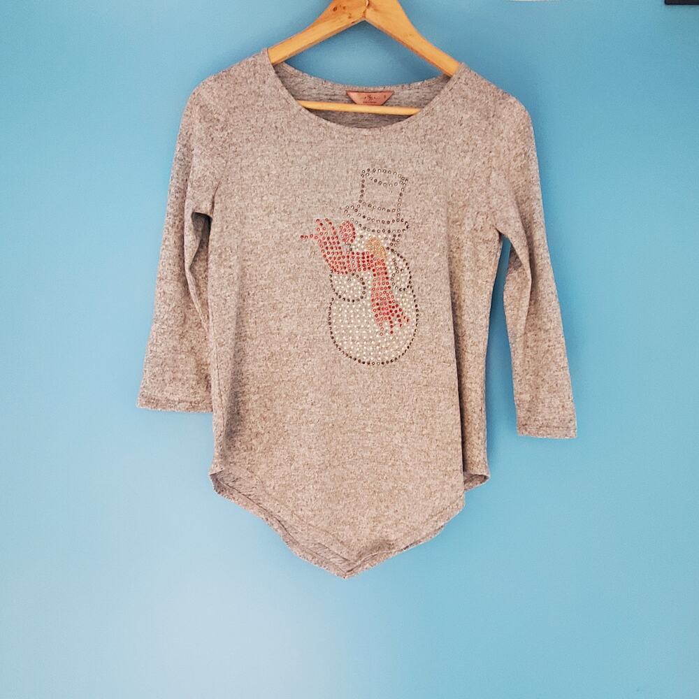 SJS Top Size Small Snowman Rhinestone Asymmetrical 3/4 Sleeve
